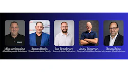 Five automotive industry professionals: Mike Ambrosino from ADAS Diagnostic Solutions, James Rodis from Woodhouse Auto Family, Joe Brookhart from Summit Auto Calibration, Andy Dingman from Dingman's Collision Center, and Jason Zeise from Minnesota ADAS Solutions.