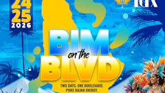 Bim on the Blvd event poster for July 24-25, 2026, featuring tropical carnival theme with blue background and yellow text.