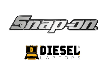 Snap-on and Diesel Laptops brand logos featuring chrome-effect wordmark and yellow-black badge design