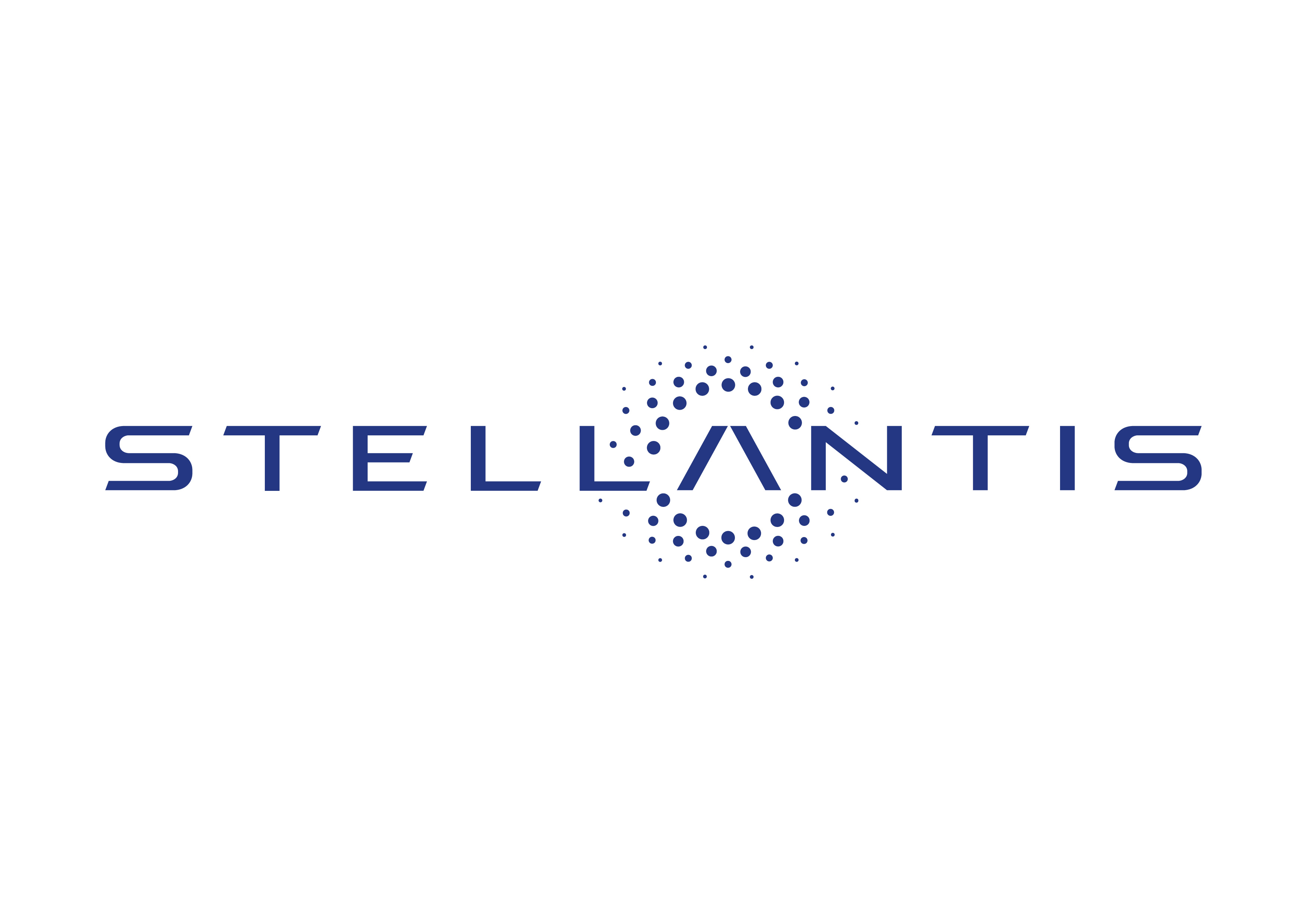 Stellantis logo featuring navy blue wordmark with geometric dot-pattern mountain symbol