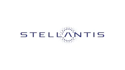 Stellantis logo featuring navy blue wordmark with geometric dot-pattern mountain symbol