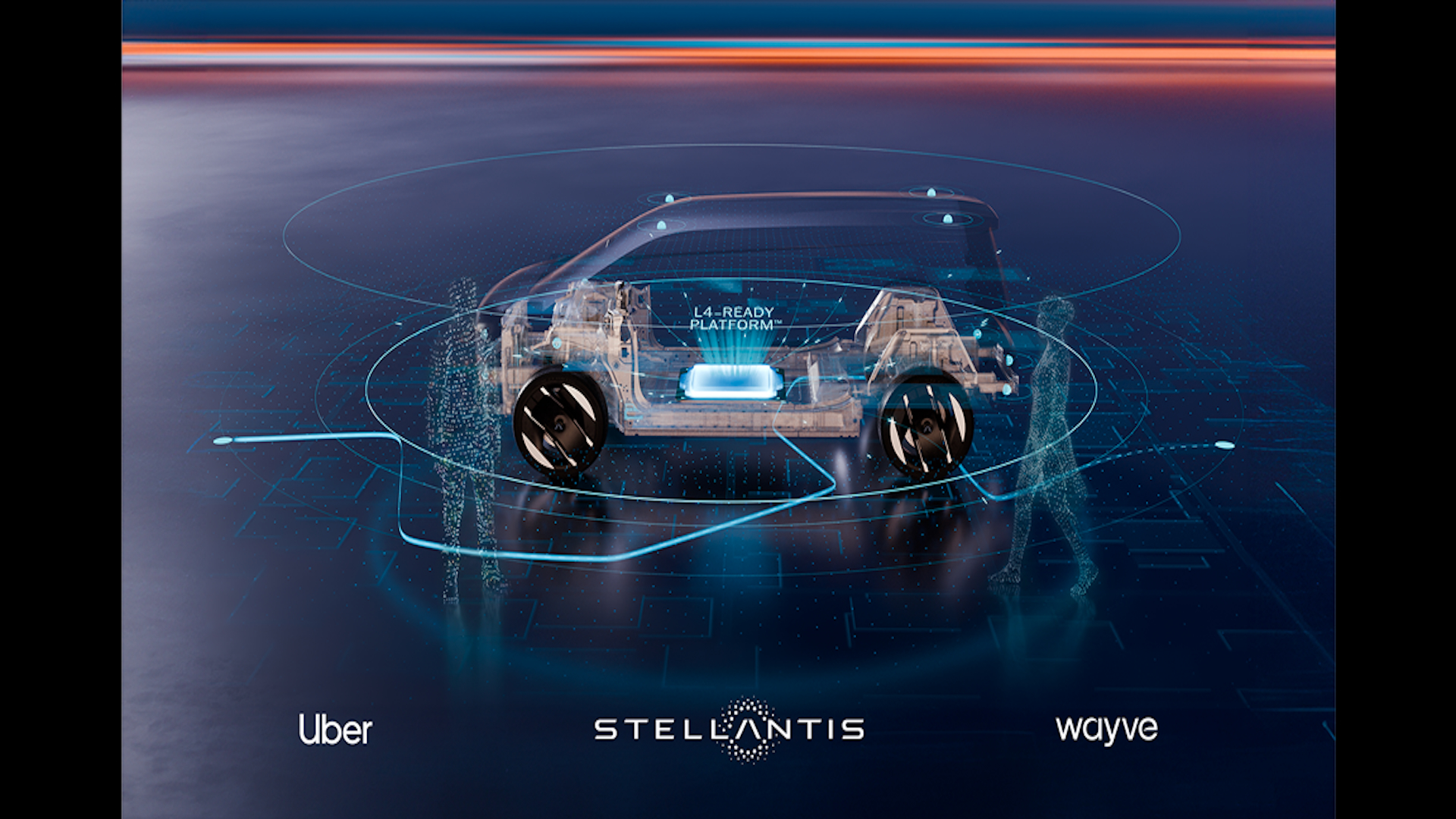 Autonomous vehicle concept with transparent chassis showing internal technology, displayed with Uber, Stellantis, and Wayve partnership branding