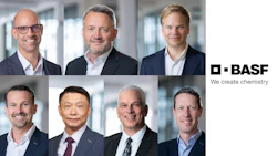 BASF corporate team portraits with company logo and tagline 'We create chemistry'