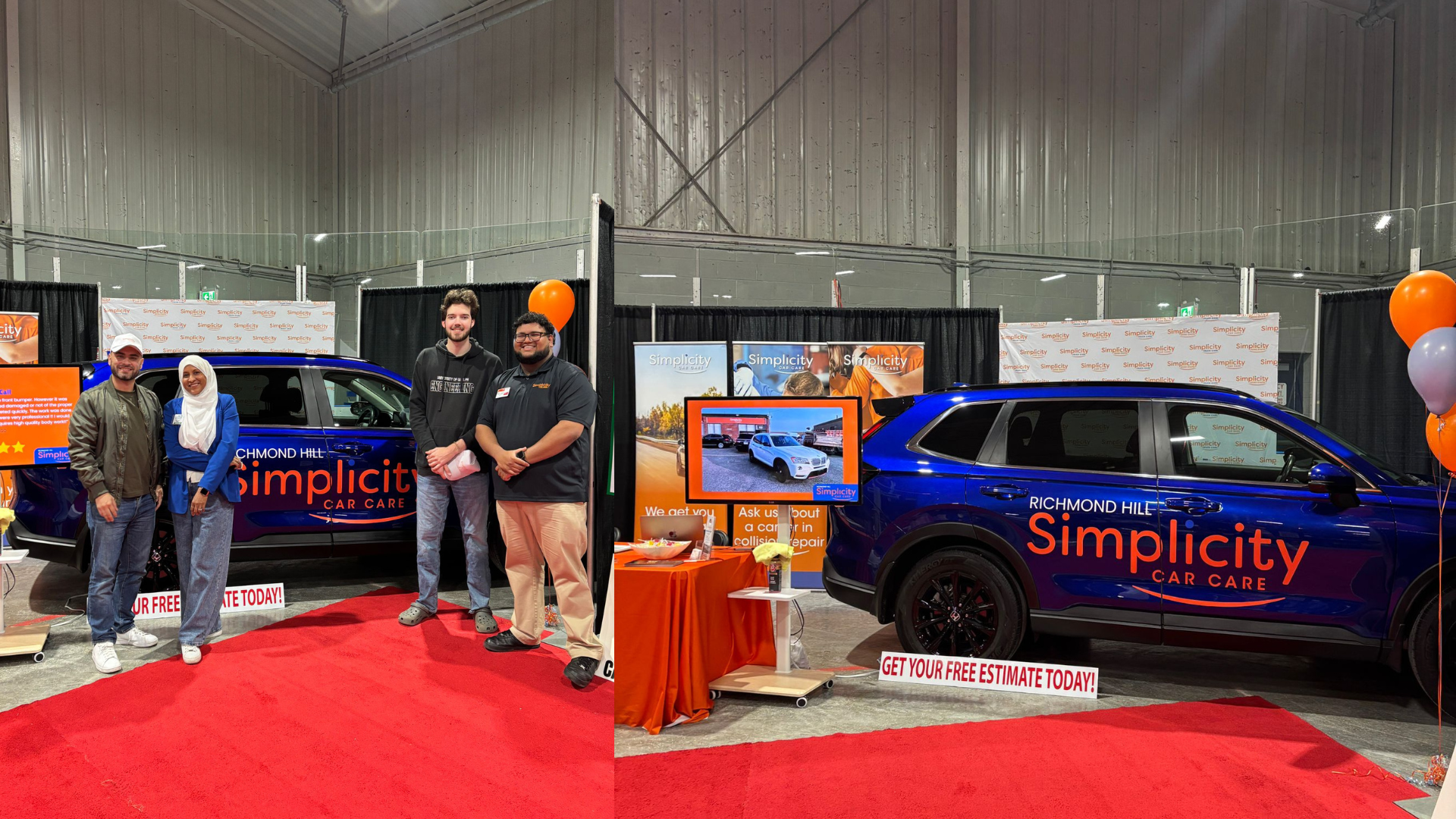 Simplicity Car Care branded vehicles and booth display at indoor trade show event with staff and promotional materials