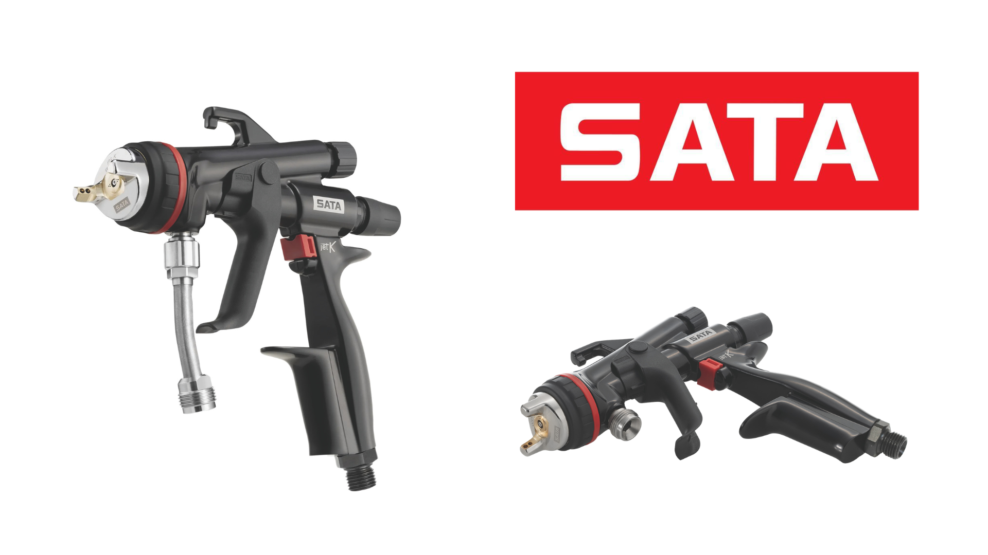 SATA brand logo in red and white with spray gun tools