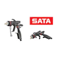 SATA brand logo in red and white with spray gun tools
