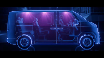 Futuristic neon blue van with holographic interior showing silhouettes of passengers in an urban setting