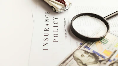 Insurance policy document with magnifying glass, dollar bills, and toy car for coverage concept