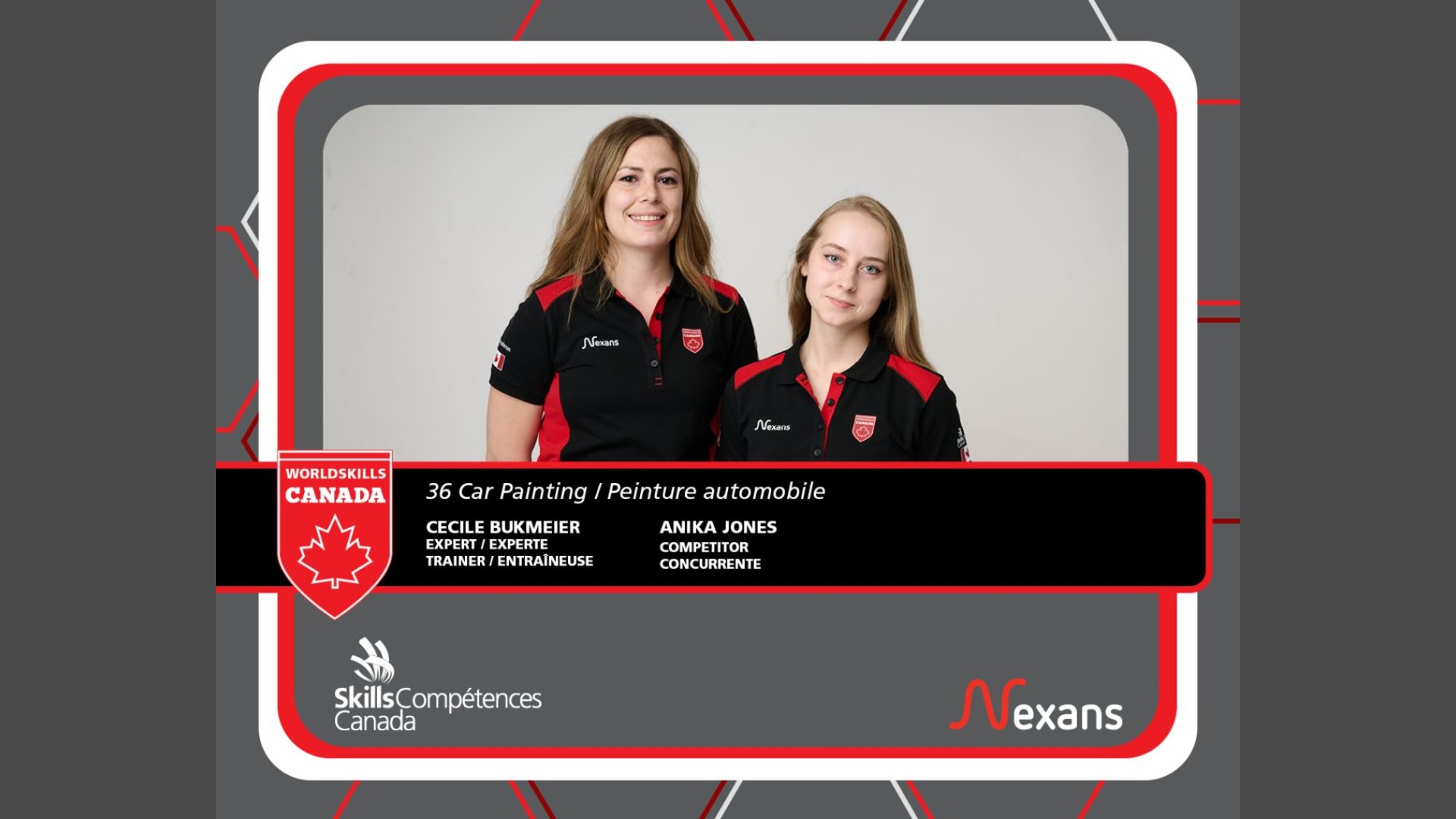 Two female professionals in black and red uniforms representing Canada at WorldSkills car painting competition