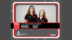 Two female professionals in black and red uniforms representing Canada at WorldSkills car painting competition