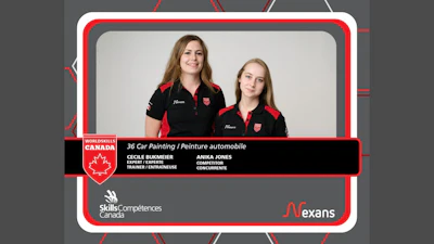 Two female professionals in black and red uniforms representing Canada at WorldSkills car painting competition