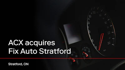 ACX acquires Fix Auto Stratford announcement with car dashboard speedometer background