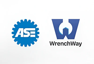 ASE and WrenchWay logos - blue automotive service and tool company branding