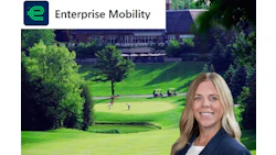 Enterprise Mobility logo with green swoosh icon on blue background, displayed above golf course landscape with professional woman