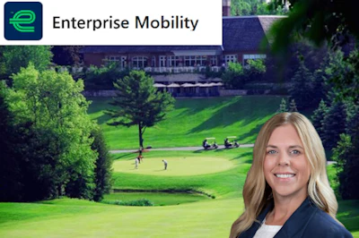 Enterprise Mobility logo with green swoosh icon on blue background, displayed above golf course landscape with professional woman