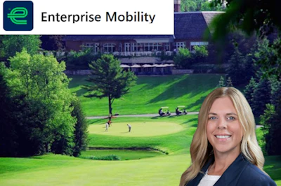 Enterprise Mobility logo with green swoosh icon on blue background, displayed above golf course landscape with professional woman