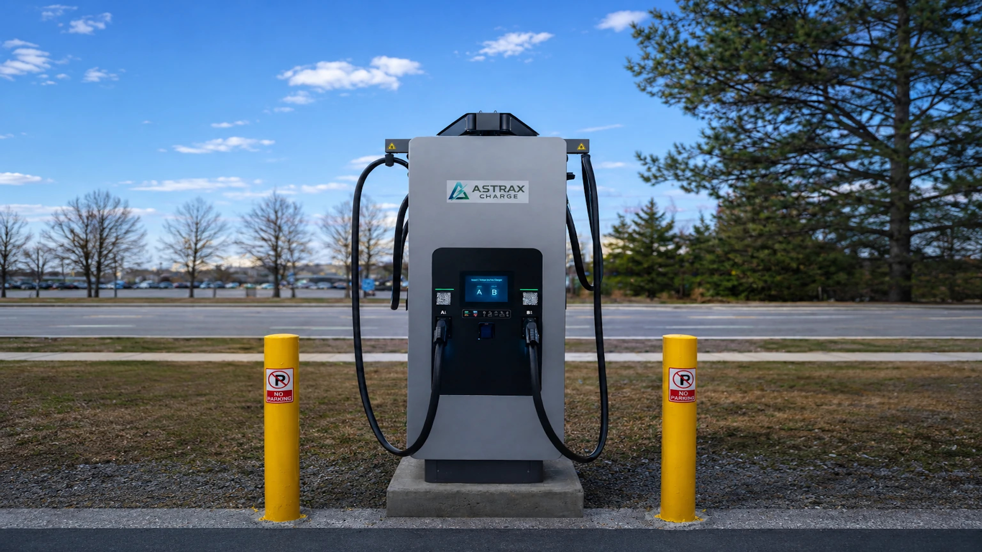 Astray electric vehicle charging station with dual connectors flanked by yellow safety bollards in a parking lot