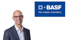 BASF logo with tagline 'We create chemistry' in blue and white