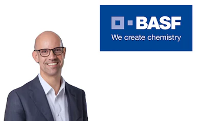 BASF logo with tagline 'We create chemistry' in blue and white