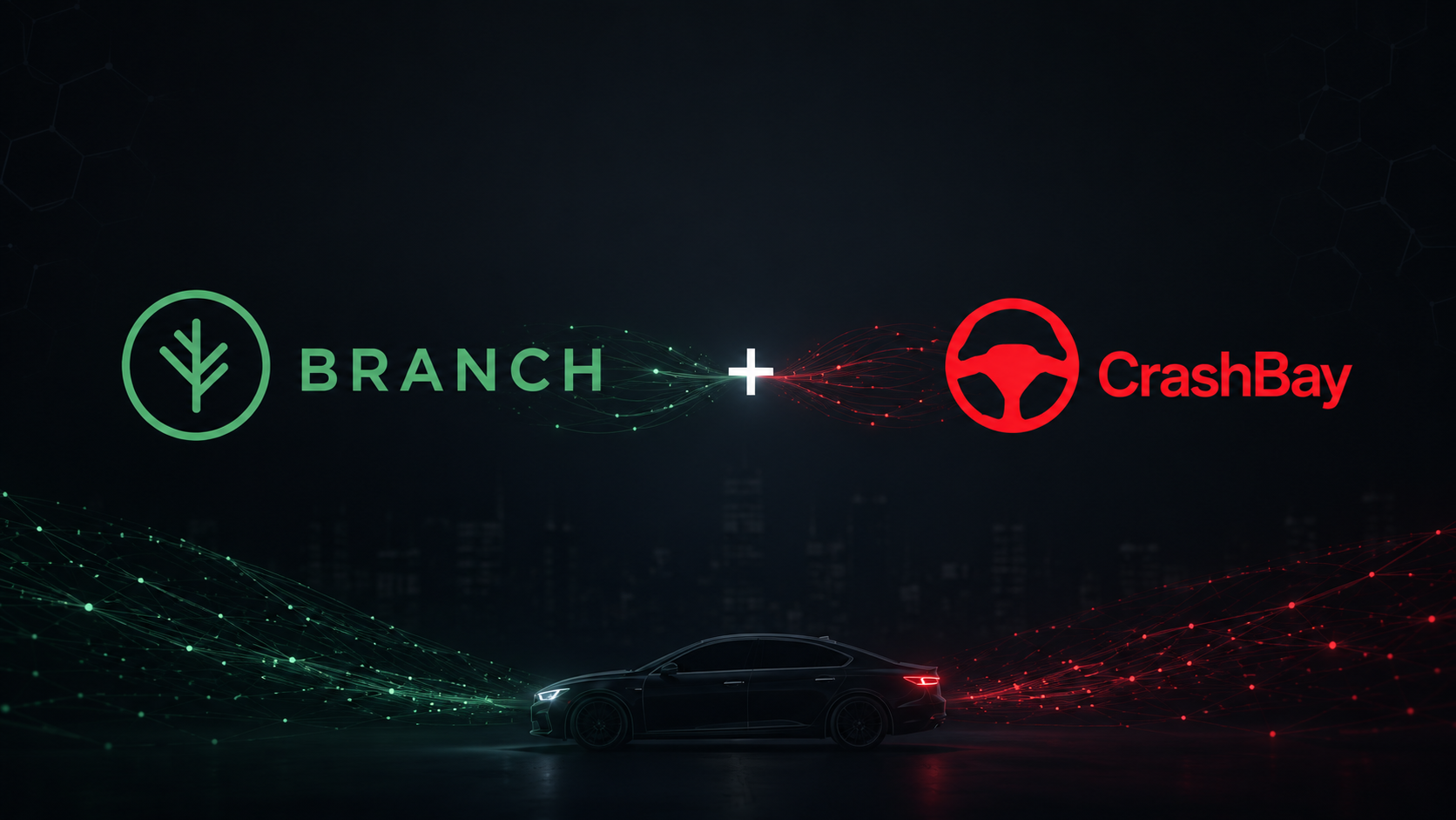 Branch and CrashBay partnership integration graphic featuring logos with glowing car silhouette and particle effects