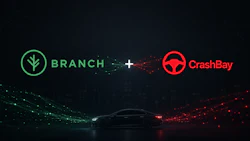 Branch and CrashBay partnership integration graphic featuring logos with glowing car silhouette and particle effects