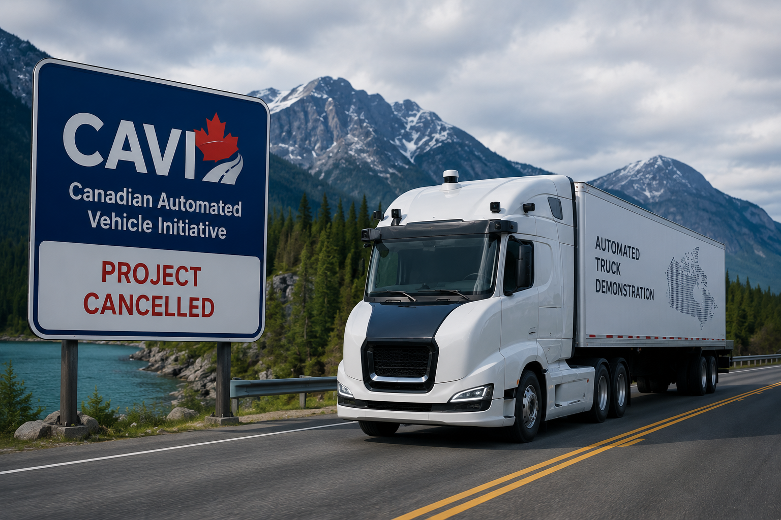 Autonomous truck driving past CAVI project cancelled sign with snow-capped mountains and lake in background