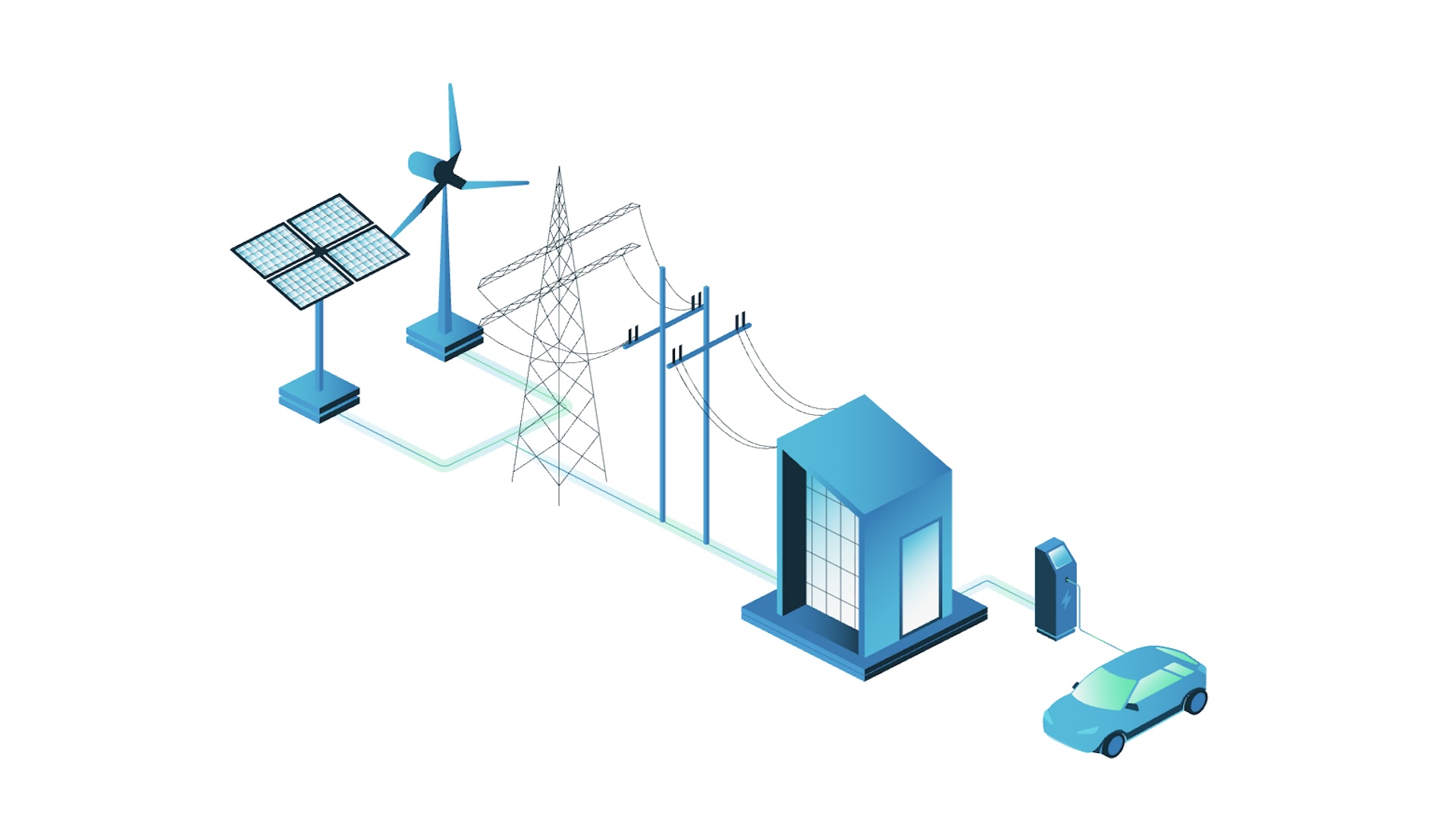 Isometric illustration of smart grid infrastructure showing renewable energy sources connected to power distribution and electric vehicle charging