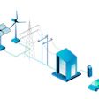 Isometric illustration of smart grid infrastructure showing renewable energy sources connected to power distribution and electric vehicle charging