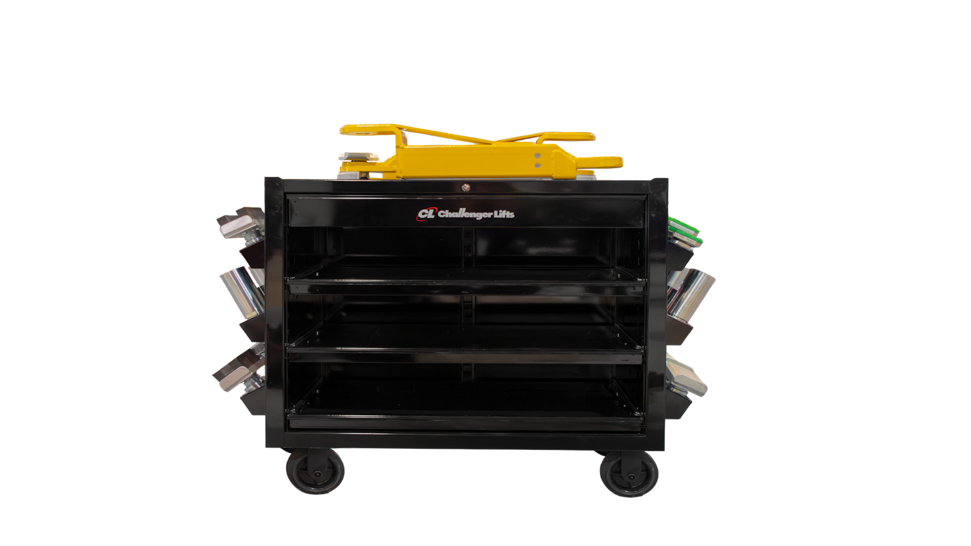 Black mobile tool cart with yellow top and multiple shelving compartments on wheels