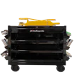 Black mobile tool cart with yellow top and multiple shelving compartments on wheels