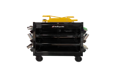 Black mobile tool cart with yellow top and multiple shelving compartments on wheels