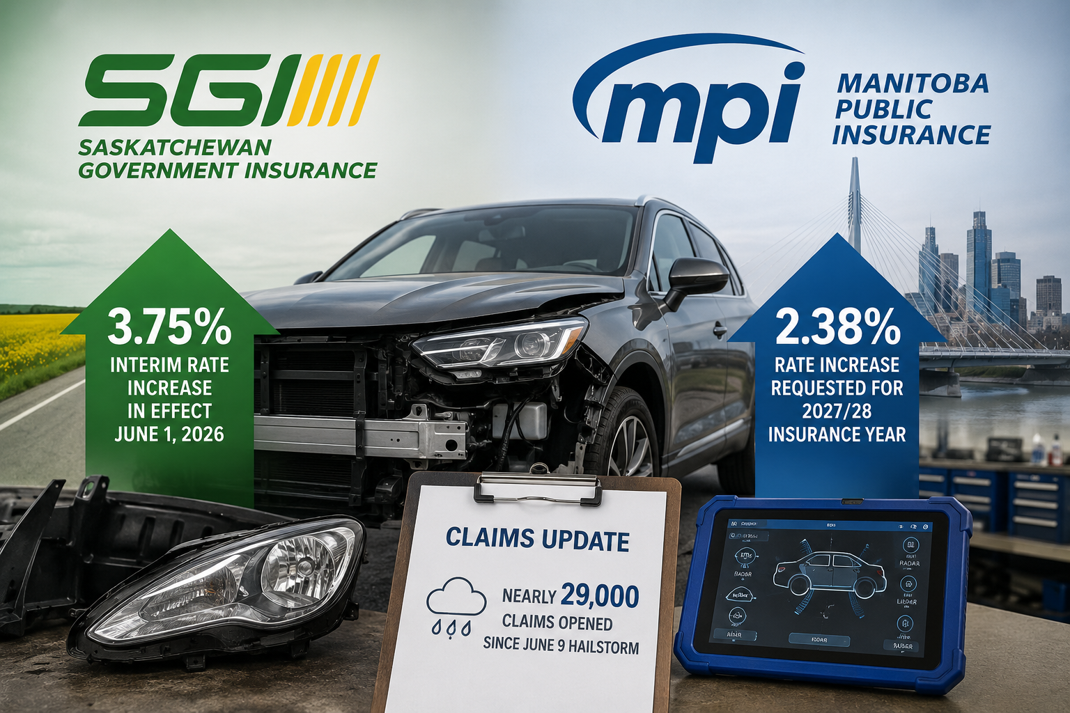 Insurance rate increase comparison: SGI 3.75% vs MPI 2.39% with vehicle damage claims update showing nearly 29,000 claims since June hailstorm