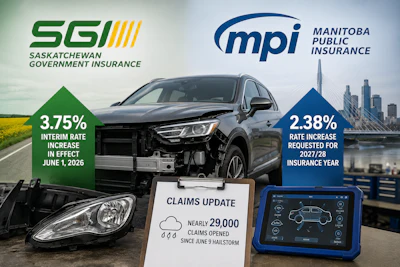 Insurance rate increase comparison: SGI 3.75% vs MPI 2.39% with vehicle damage claims update showing nearly 29,000 claims since June hailstorm