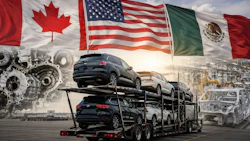 Car carrier truck transporting vehicles beneath Canadian, American, and Mexican flags with industrial manufacturing background