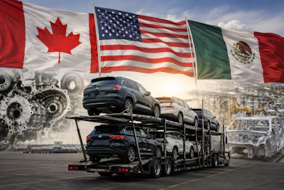 Car carrier truck transporting vehicles beneath Canadian, American, and Mexican flags with industrial manufacturing background