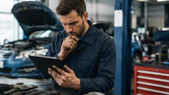 Mechanic in dark work shirt reviewing tablet in automotive repair shop with tools and lifted vehicle