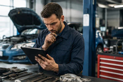 Mechanic in dark work shirt reviewing tablet in automotive repair shop with tools and lifted vehicle
