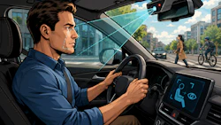 Man driving a modern car with digital dashboard display in urban city environment with pedestrians and cyclists