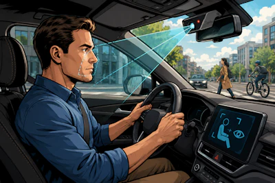 Man driving a modern car with digital dashboard display in urban city environment with pedestrians and cyclists