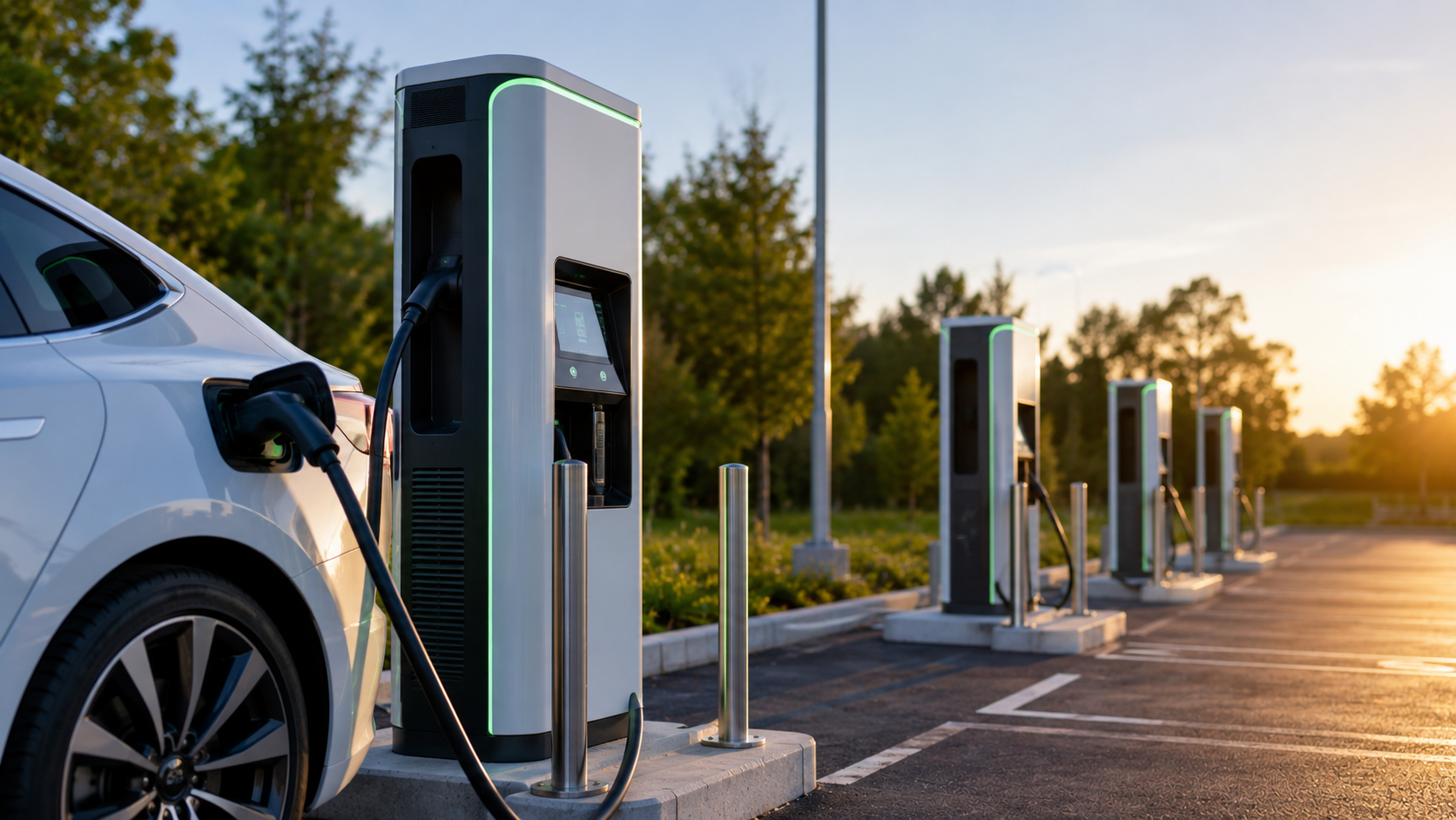 White electric vehicle charging at modern EV charging station during golden hour sunset with multiple chargers in a row