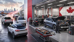 Modern electric vehicle dealership showroom with service bay, featuring white and blue Cadillac models, technicians working on vehicles, and Canadian maple leaf branding with city skyline backdrop.