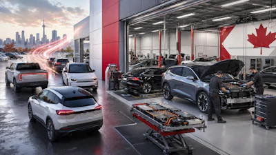 Modern electric vehicle dealership showroom with service bay, featuring white and blue Cadillac models, technicians working on vehicles, and Canadian maple leaf branding with city skyline backdrop.
