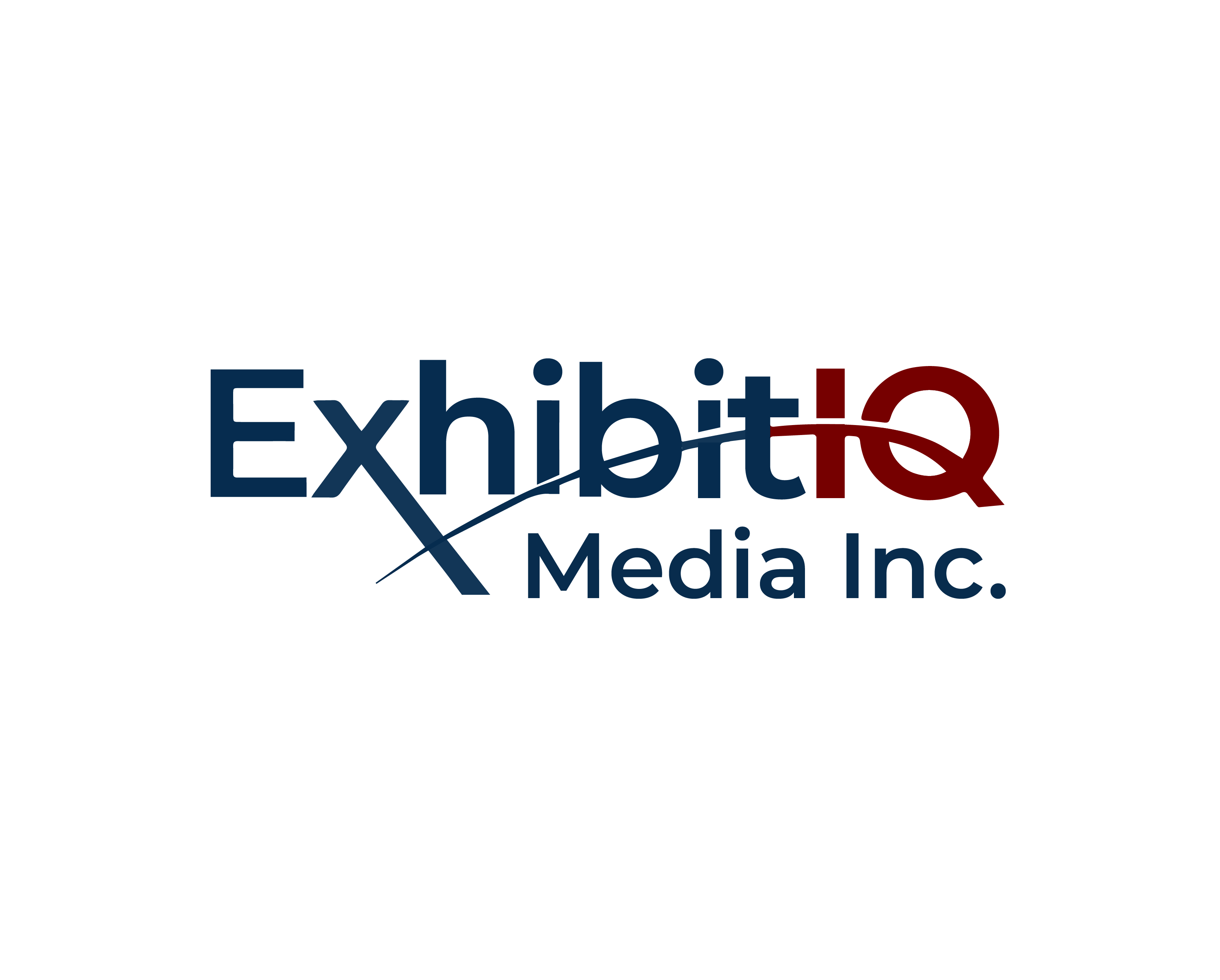 ExhibitIQ Media Inc. logo with navy text and maroon circular symbol