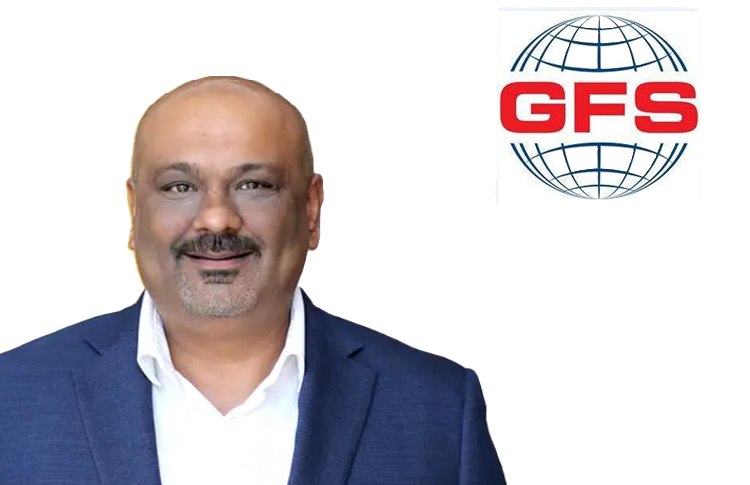 Professional business headshot of a man in navy blazer and white shirt with GFS logo