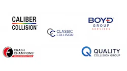Collection of five collision repair company logos: Caliber Collision, Boyd Group Services, Classic Collision, Crash Champions, and Quality Collision Group