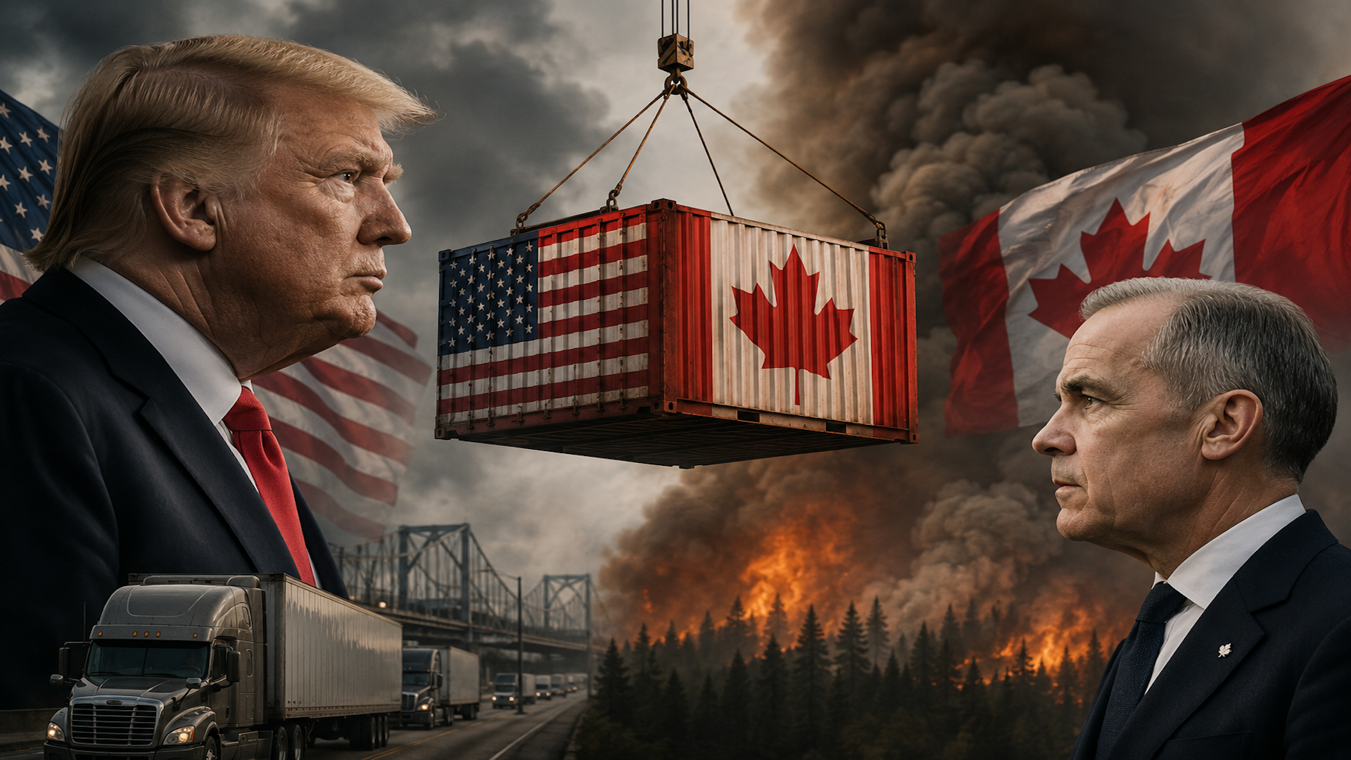 Political illustration depicting US and Canadian trade tensions with burning landscape, shipping containers, and dramatic stormy sky