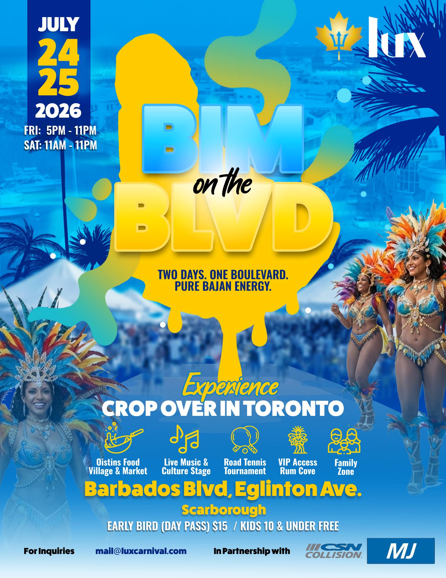 BIM on the Blvd carnival event poster featuring Bajan dancers, July 24-25, 2026 in Toronto with food, music, and family activities
