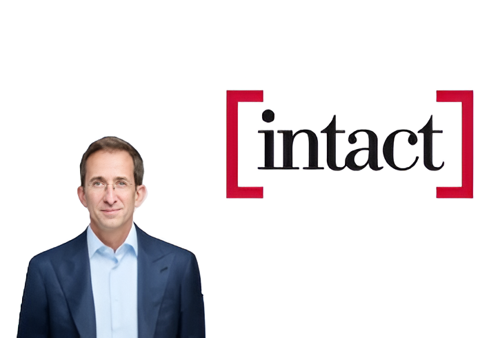Professional man in navy blazer next to Intact company logo with red brackets and black text