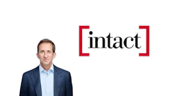Professional man in navy blazer next to Intact company logo with red brackets and black text
