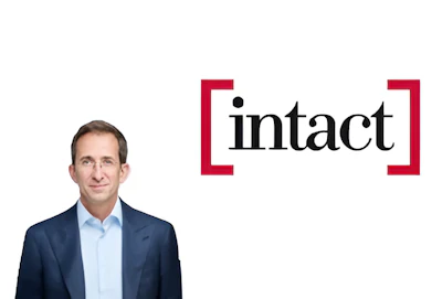 Professional man in navy blazer next to Intact company logo with red brackets and black text